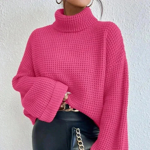 Hot Pink Casual Women's Loose Fit Turtleneck Drop Shoulder Sweater - Picture 1 of 6